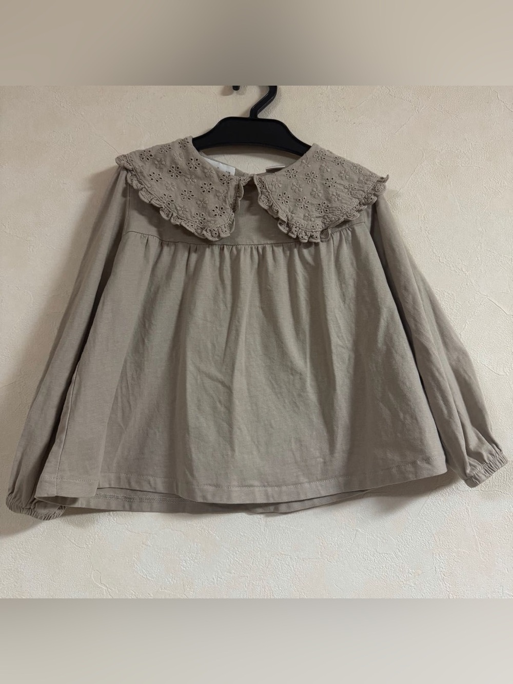 Zara Girls Long-Sleeve Top with Crochet Eyelet Collar - Taupe